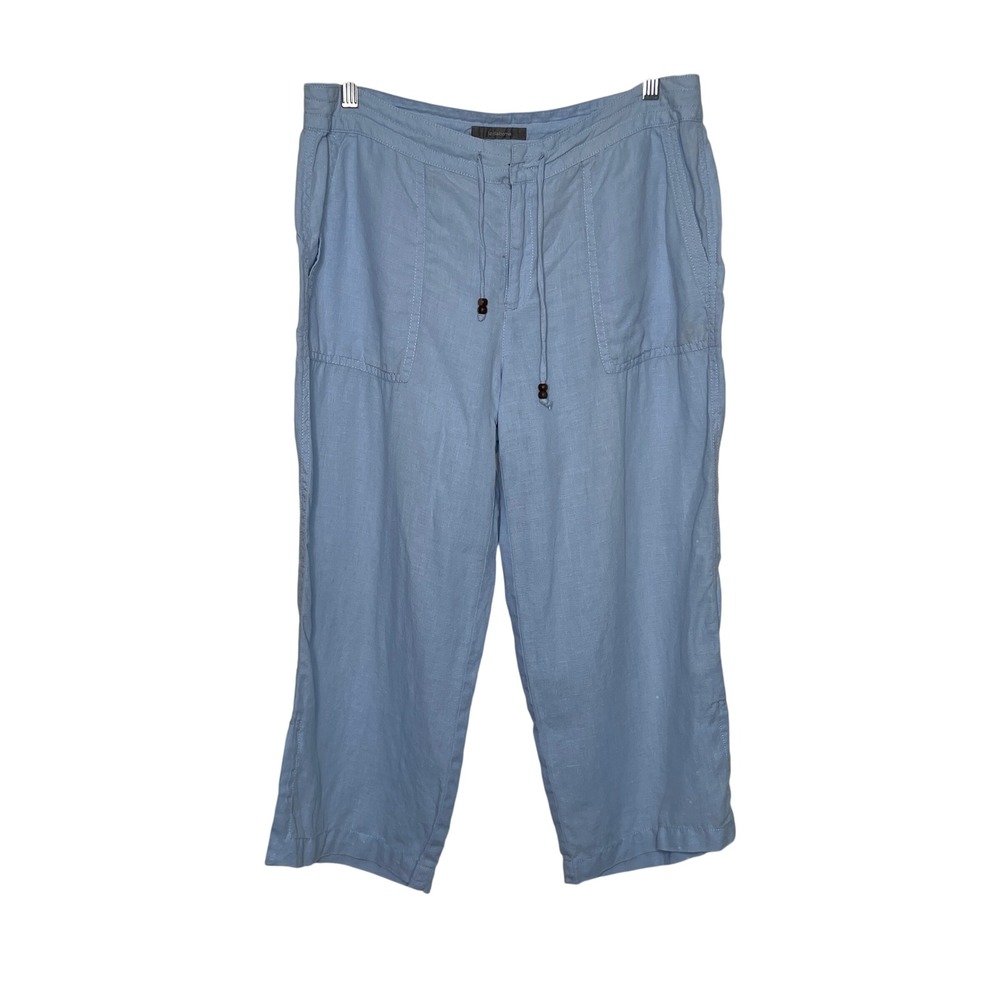Liz Claiborne Linen Pants Womens 12 Blue Wide Leg Crop Drawstring Lagenlook